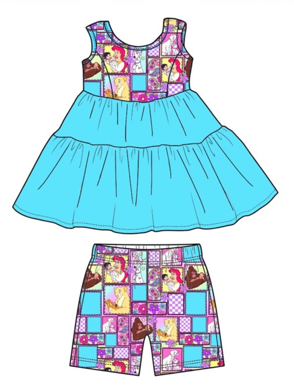 BAMBOO Turquoise & Multicolor Kids Matching tank peplum top with short set